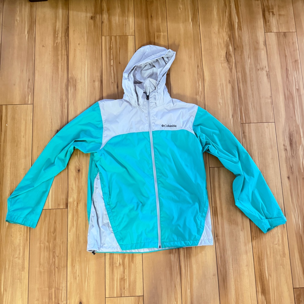 Columbia Aqua and Light Gray Windbreaker